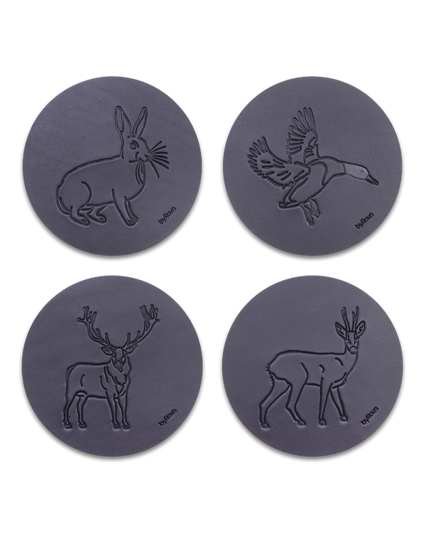 MOKKA Jagd-Untersetzer von byRavn aus schwarzem Leder, Paket A mit 4 Motiven: Hase, Stockente, Rothirsch und Rehbock