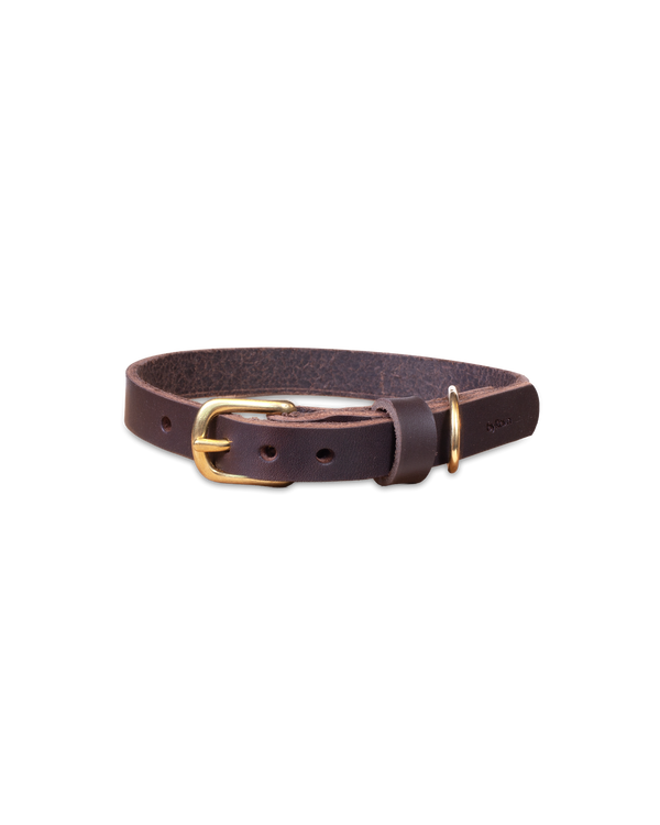 PAW16 Hundehalsband von byRavn aus dunkelbraunem Leder mit Messingschnalle und D-Ring, schmales Modell
