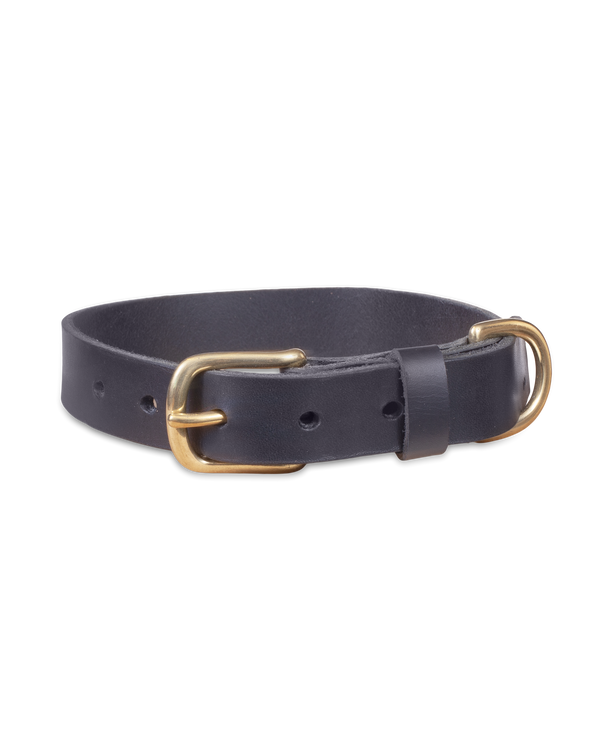 PAW25 Hundehalsband von byRavn aus schwarzem Leder, breites Modell mit Schnalle und D-Ring aus massivem Messing