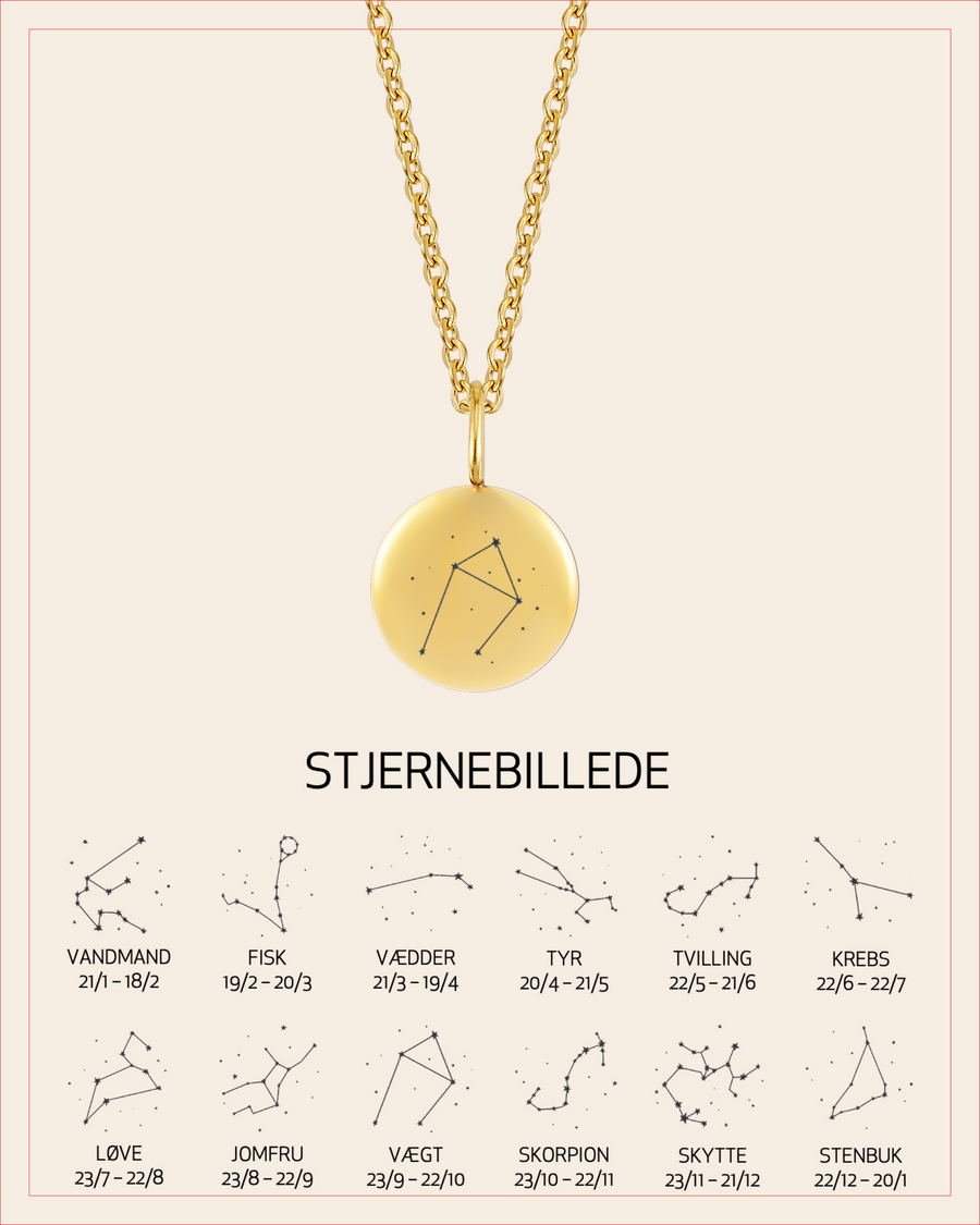 AYA STAR Halskette aus vergoldetem Edelstahl mit graviertem Sternbild Waage, mit Übersicht aller 12 Sternbilder