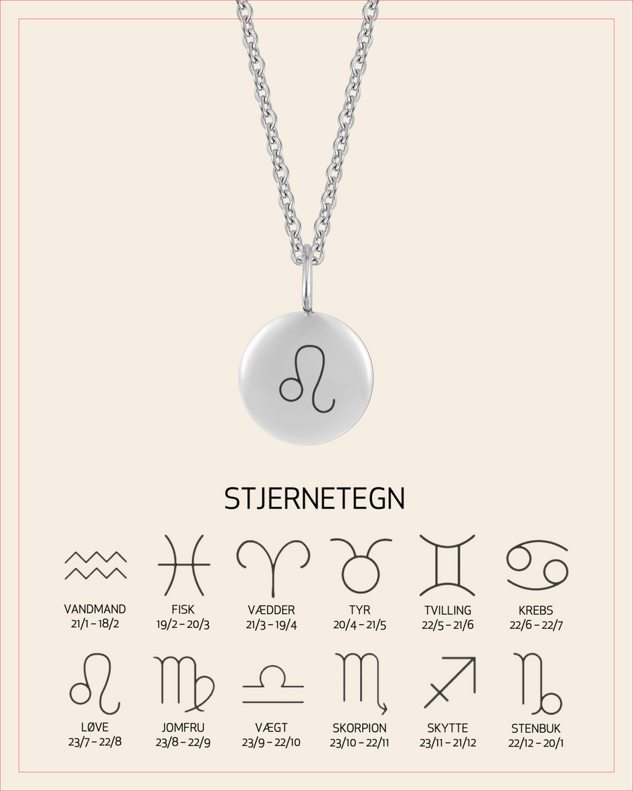 AYA STAR Halskette aus silberfarbenem Edelstahl mit graviertem Sternzeichen Löwe, mit Übersicht aller 12 Sternzeichen und Daten