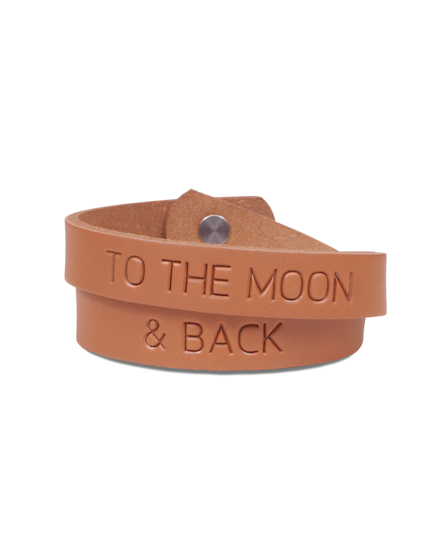 DUO Lederarmband von byRavn aus cognacfarbenem Leder, doppelt gewickelt, mit der Gravur "To the moon & back"