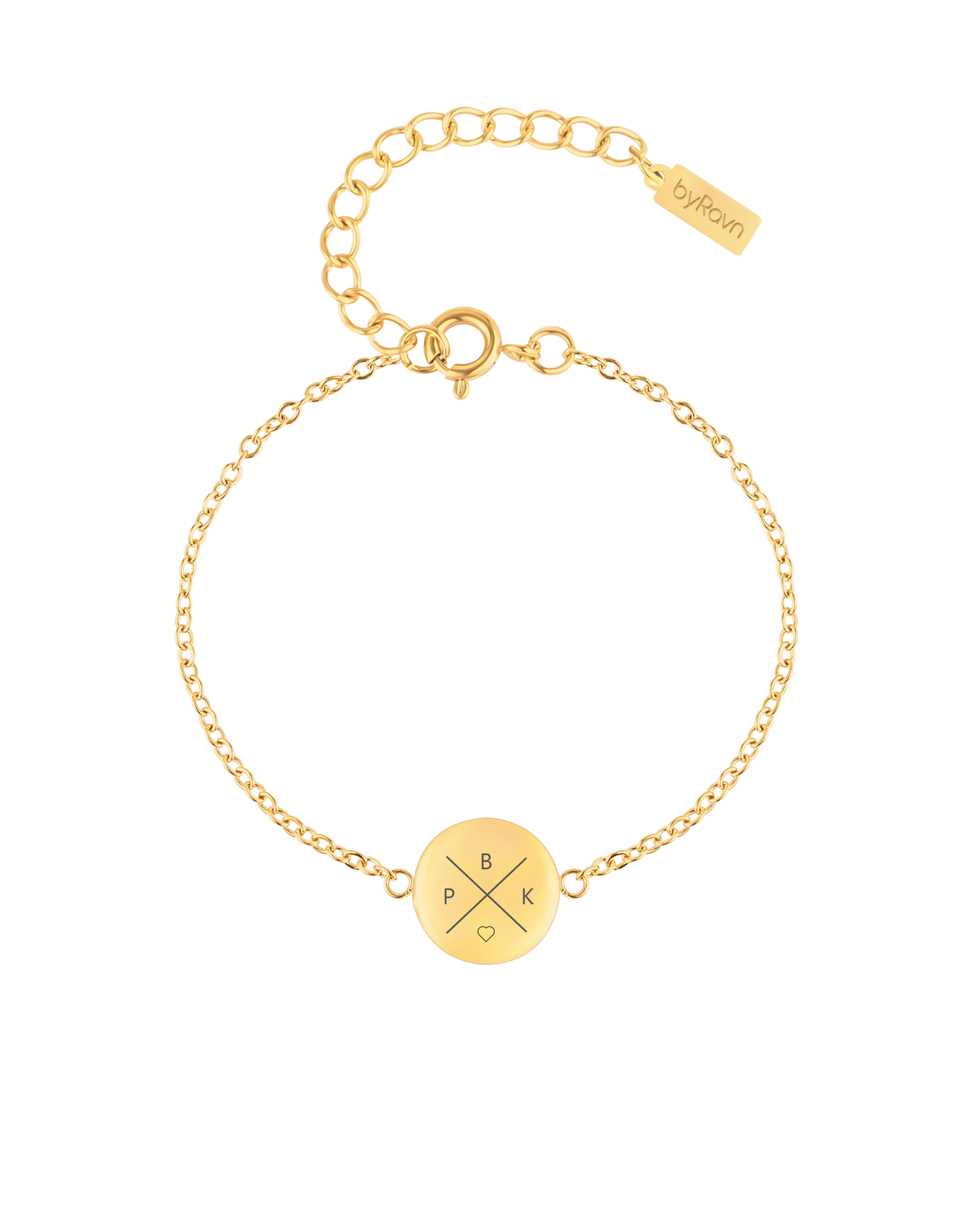 IBI X Armband von byRavn aus vergoldetem Edelstahl, runde Platte mit Kreuz und den Initialen "B", "P", "K" und Herz graviert