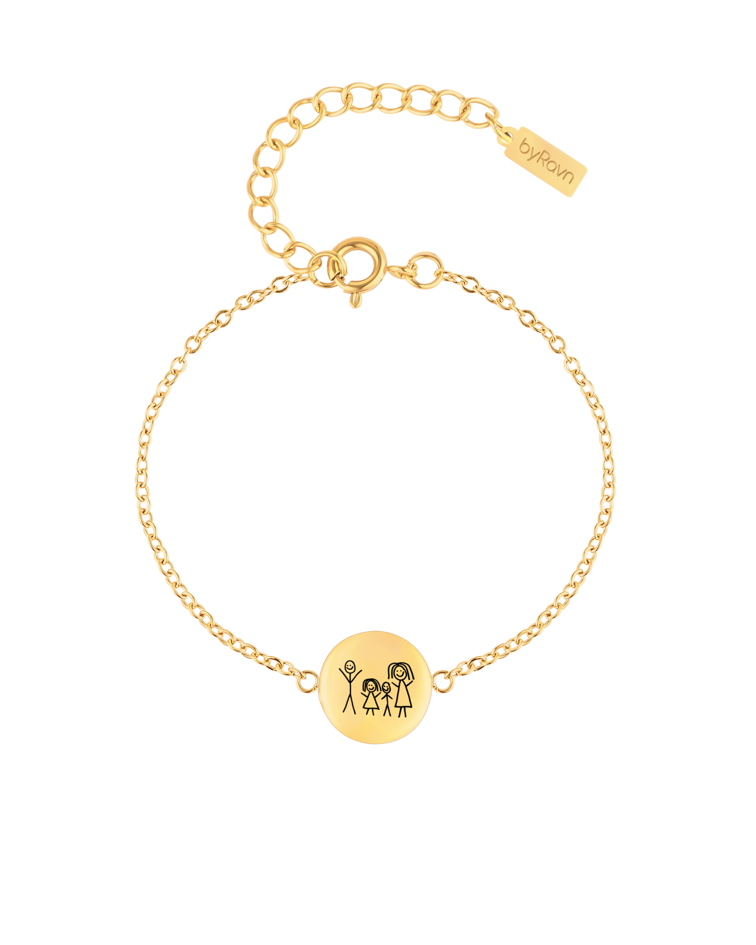 IBI MOTIF Armband von byRavn aus vergoldetem Edelstahl mit runder Platte und gravierter Kinderzeichnung der Familie