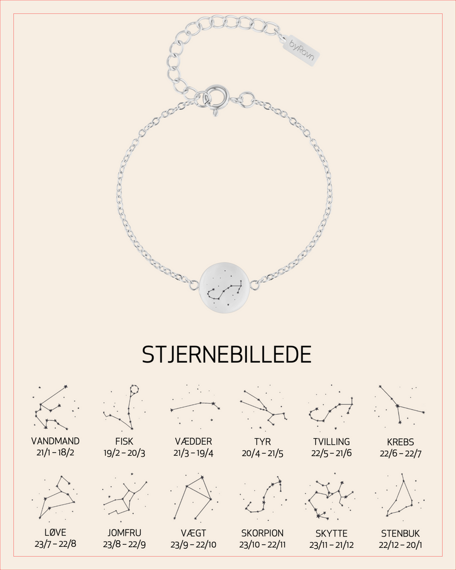 IBI STAR Armband aus silberfarbenem Edelstahl mit graviertem Sternbild, dazu Übersicht aller 12 Sternbilder