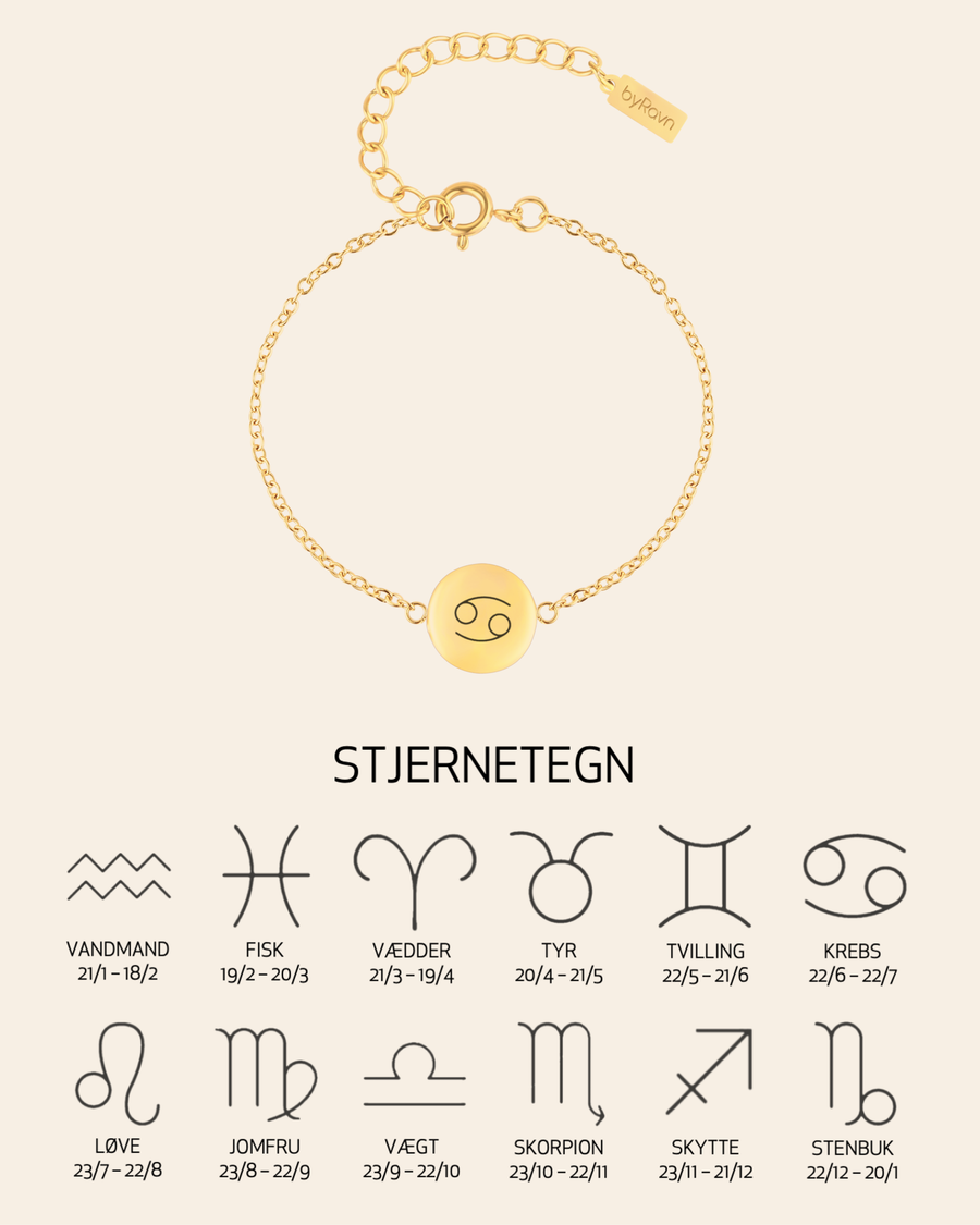 IBI STAR Armband aus vergoldetem Edelstahl mit graviertem Sternzeichen Krebs, dazu Übersicht aller 12 Sternzeichen