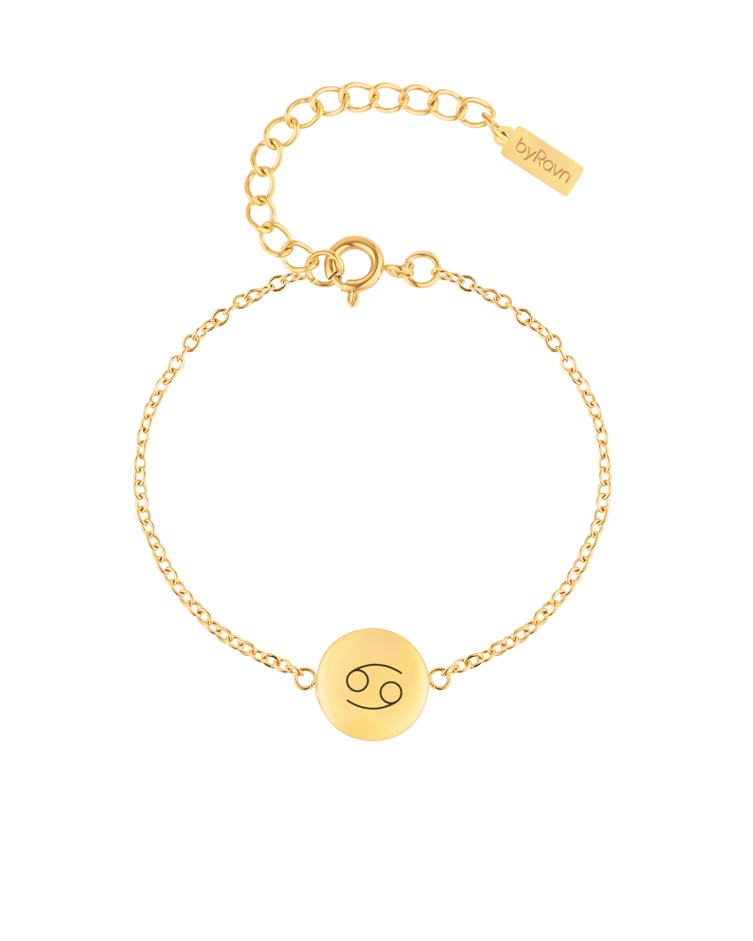 IBI STAR Armband von byRavn aus vergoldetem Edelstahl mit runder Platte und graviertem Sternzeichen Krebs