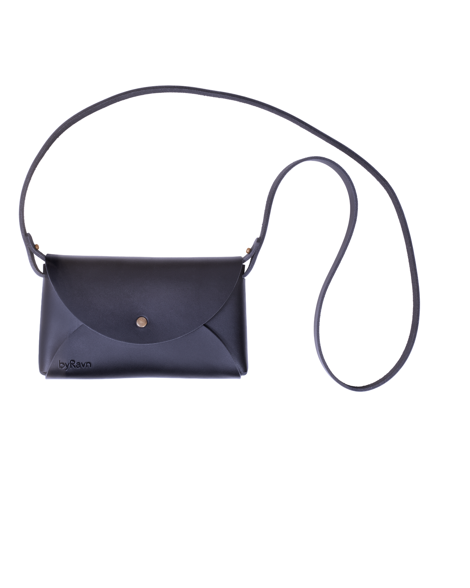 INA Schultertasche von byRavn aus schwarzem Leder mit langem schmalem Riemen und Druckknopf aus Metall