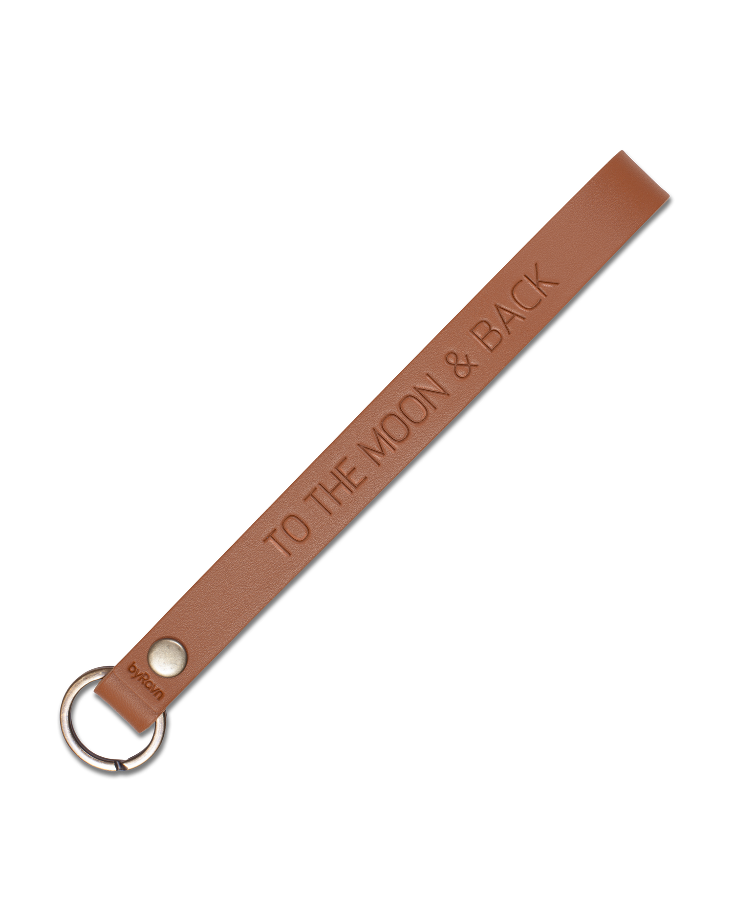 LUX Schlüsselanhänger von byRavn aus Cognac-Leder, schmale Schlaufe mit Schlüsselring aus Stahl und der Gravur "To the moon & back"