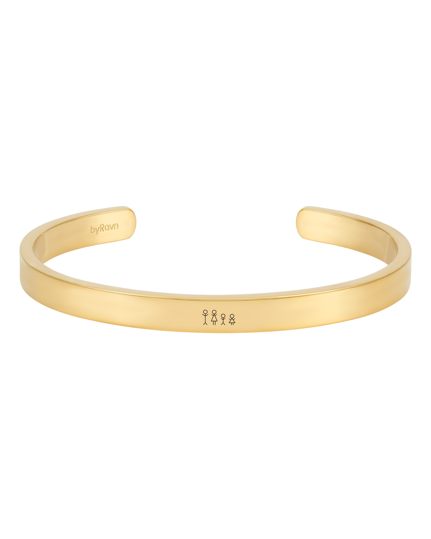 MARS STICK Armband von byRavn aus vergoldetem Edelstahl, breiter offener Armreif mit gravierter Streichholz-Familie zu viert