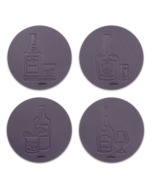 MOKKA Spirituosen-Untersetzer von byRavn aus dunkelbraunem Leder, 4 Motive: Whisky, Rum, Gin und Cognac mit Flasche und Glas