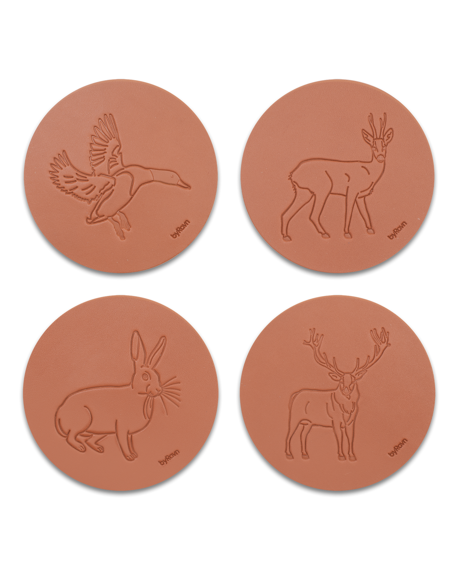MOKKA Jagd-Untersetzer von byRavn aus cognacfarbenem Leder, Paket A mit 4 Motiven: Stockente, Rehbock, Hase und Rothirsch