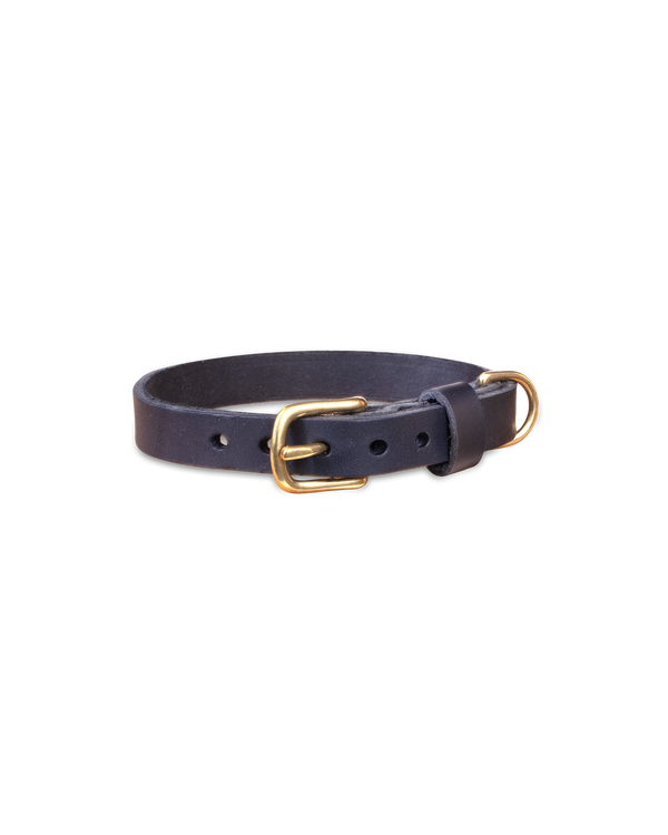 PAW16 Hundehalsband von byRavn aus schwarzem Leder mit bläulichem Schimmer, Schnalle und D-Ring aus massivem Messing