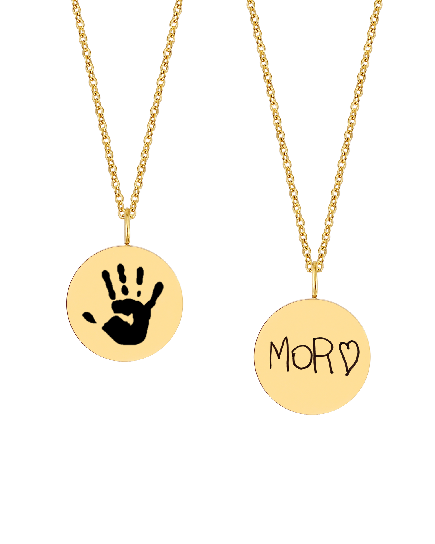 SIA MOTIF Halskette von byRavn aus vergoldetem Edelstahl, zwei runde Anhänger mit Kinderhandabdruck und handgeschriebenem "Mor" ♡ graviert