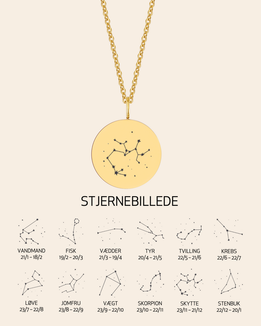 SIA STAR Halskette aus vergoldetem Edelstahl mit graviertem Sternbild Schütze, mit Übersicht aller 12 Sternbilder