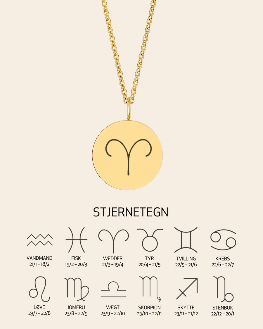SIA STAR Halskette aus vergoldetem Edelstahl mit graviertem Sternzeichen Widder, mit Übersicht aller 12 Sternzeichen und Daten