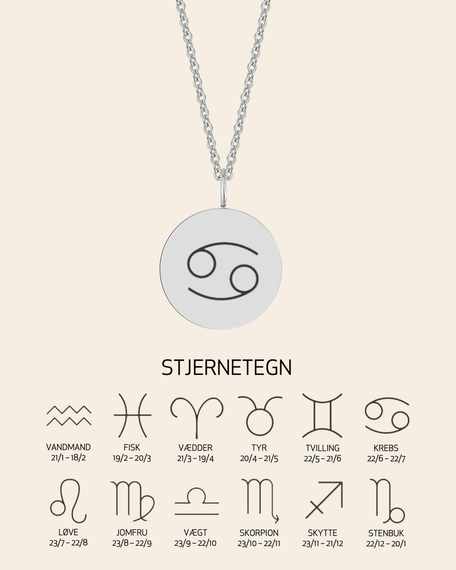 SIA STAR Halskette aus silberfarbenem Edelstahl mit graviertem Sternzeichen Krebs, mit Übersicht aller 12 Sternzeichen und Daten
