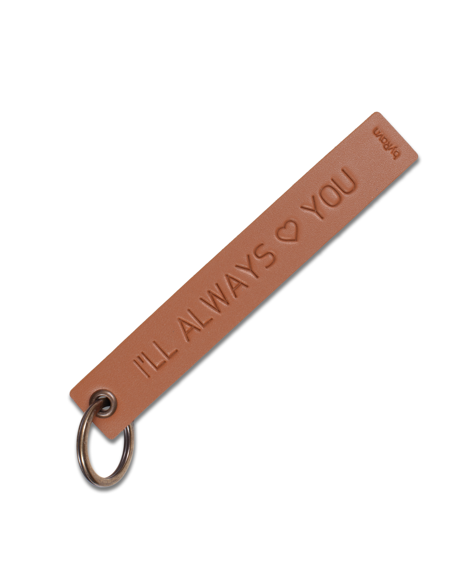 SOLO Large Schlüsselanhänger von byRavn aus Leder in Cognac mit der Gravur "I'll always ♡ you" und Schlüsselring aus Stahl