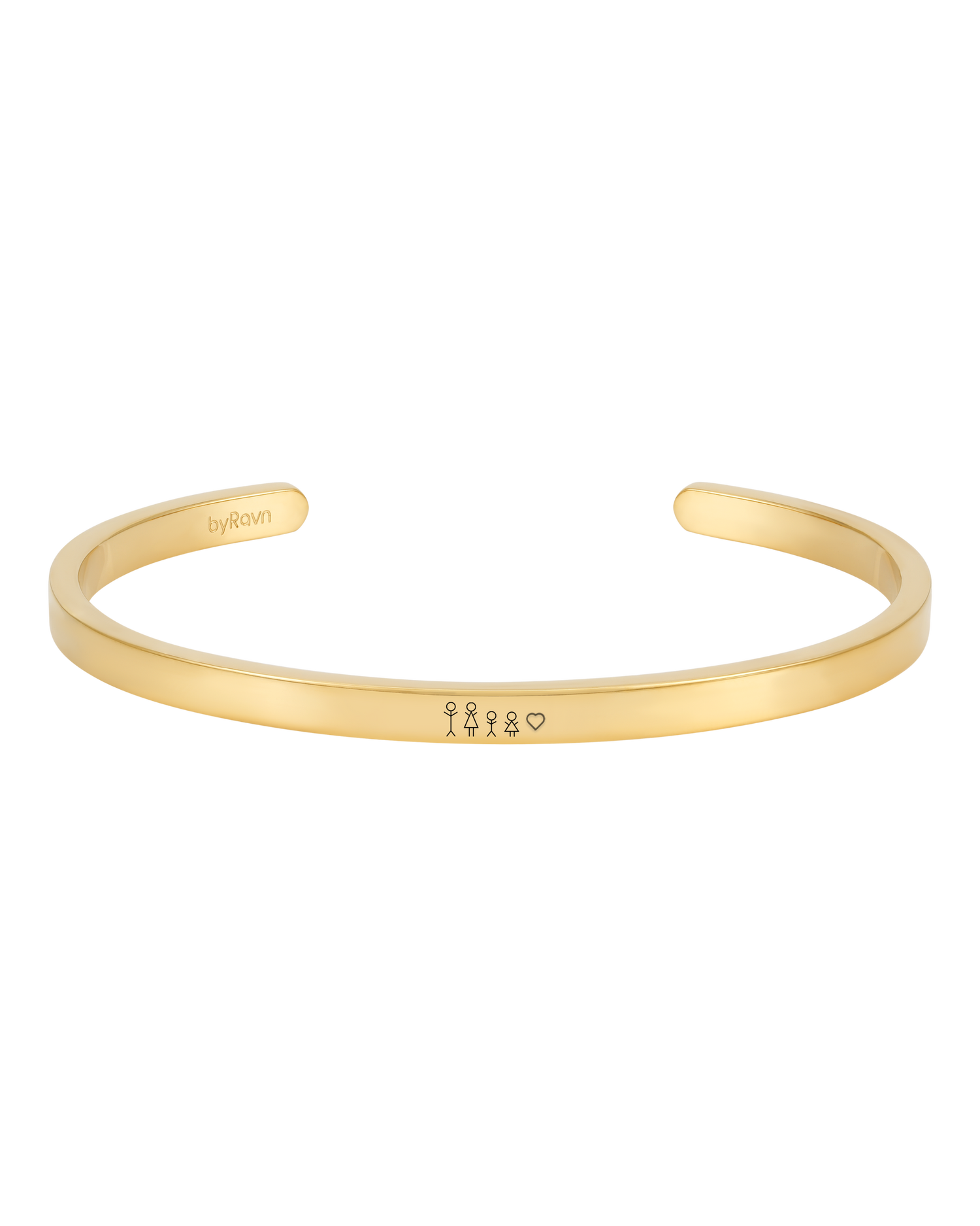 VENUS STICK Armband von byRavn aus vergoldetem Edelstahl, offener Armreif mit gravierter Streichholz-Familie und Herz