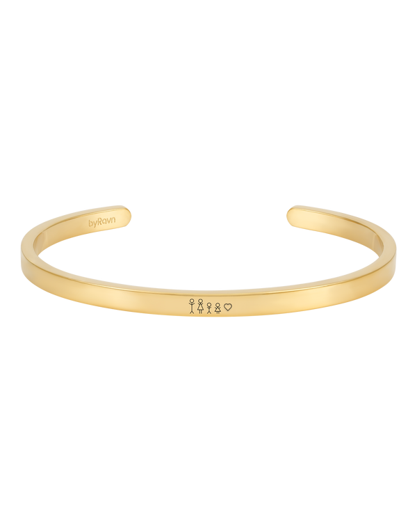 VENUS STICK Armband von byRavn aus vergoldetem Edelstahl, offener Armreif mit gravierter Streichholz-Familie und Herz