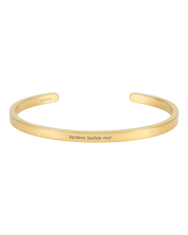 VENUS Armband von byRavn aus vergoldetem Edelstahl, offener Armreif mit der Gravur "Verdens bedste mor"