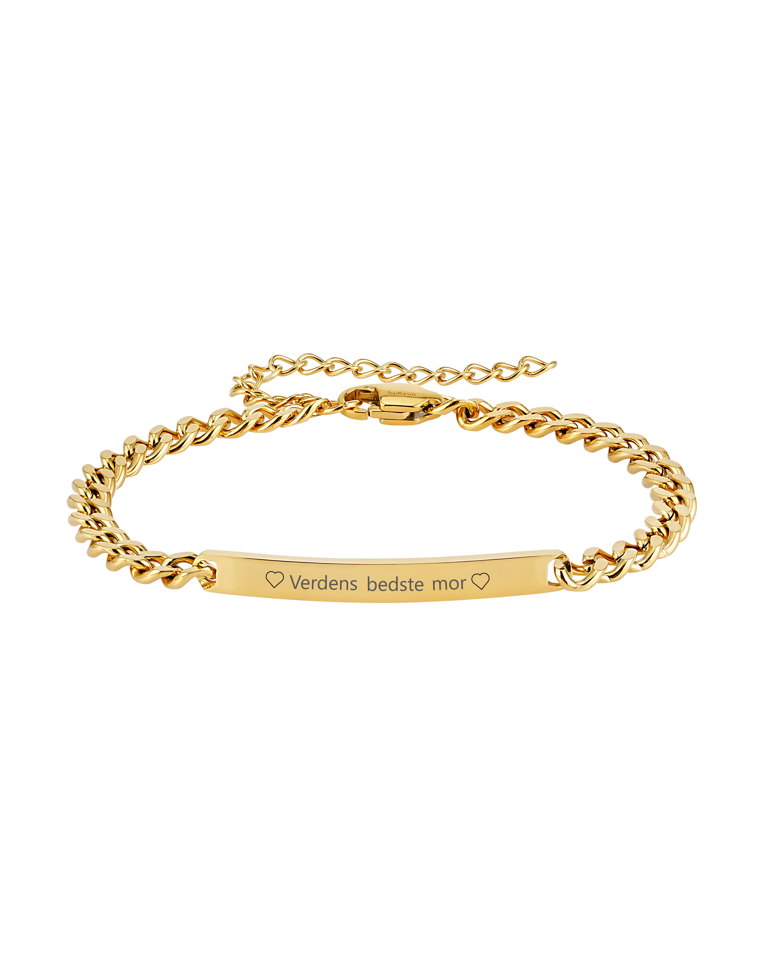 ZOE Armband von byRavn aus vergoldetem Edelstahl, Panzerkette mit länglicher Platte und der Gravur "♡ Verdens bedste mor ♡"