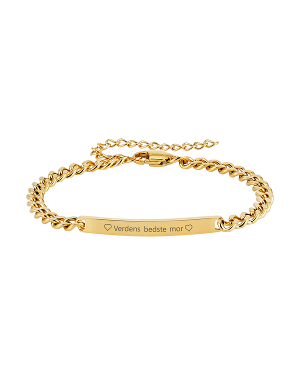 ZOE Armband von byRavn aus vergoldetem Edelstahl, Panzerkette mit länglicher Platte und der Gravur "♡ Verdens bedste mor ♡"